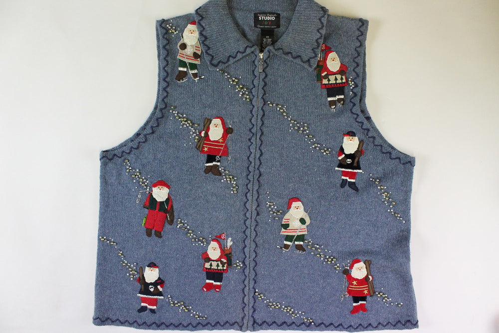 Santas in Action. Santa in all types of dress. Highly beaded. Vest. Size Extra large. Christmas Sweater