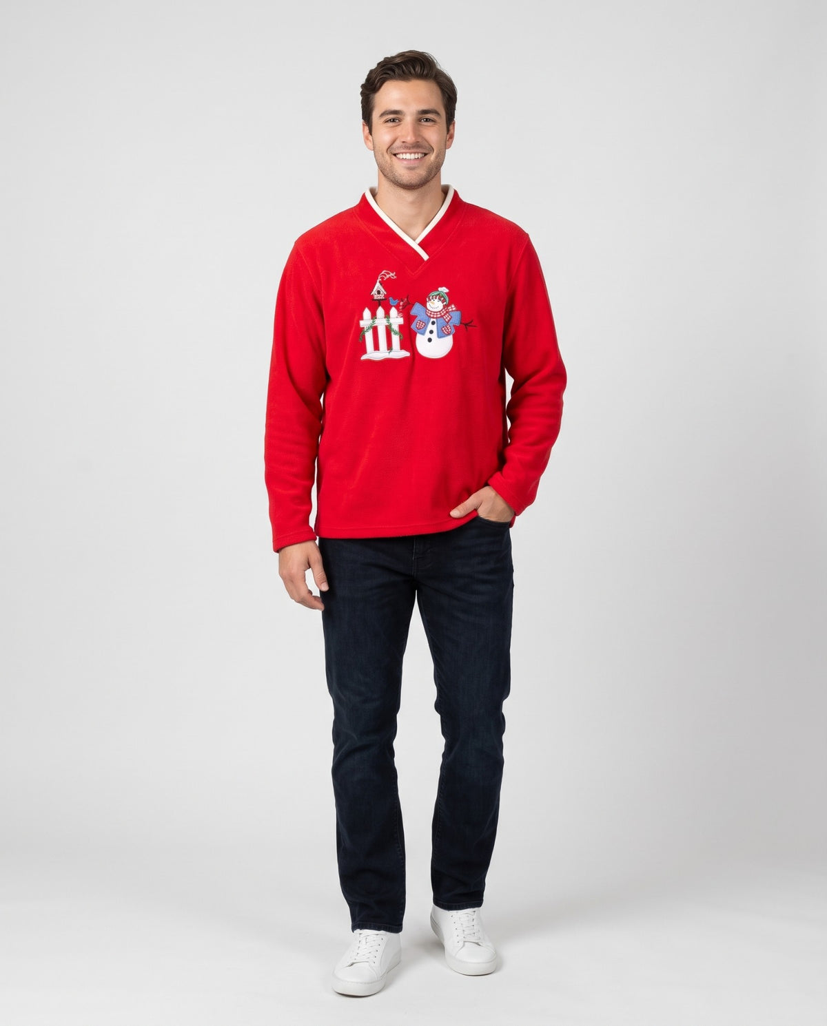 Model in a vintage ugly Christmas sweater, a contest-ready look