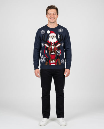 Santa Riding Rudolph Beer Holder Christmas Sweater