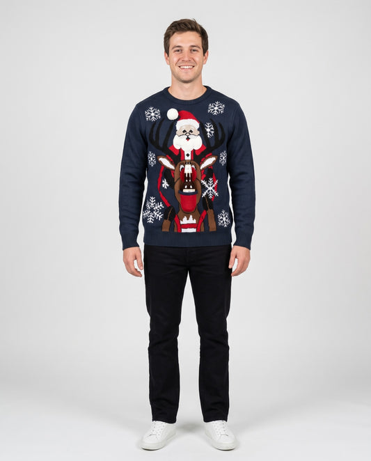 Santa Riding Rudolph Beer Holder Christmas Sweater