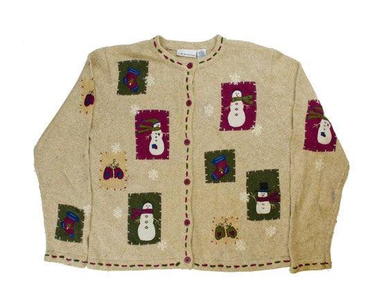 Tacky holiday sweater with patches of snowmen. NOTE: Small tan mark on ...