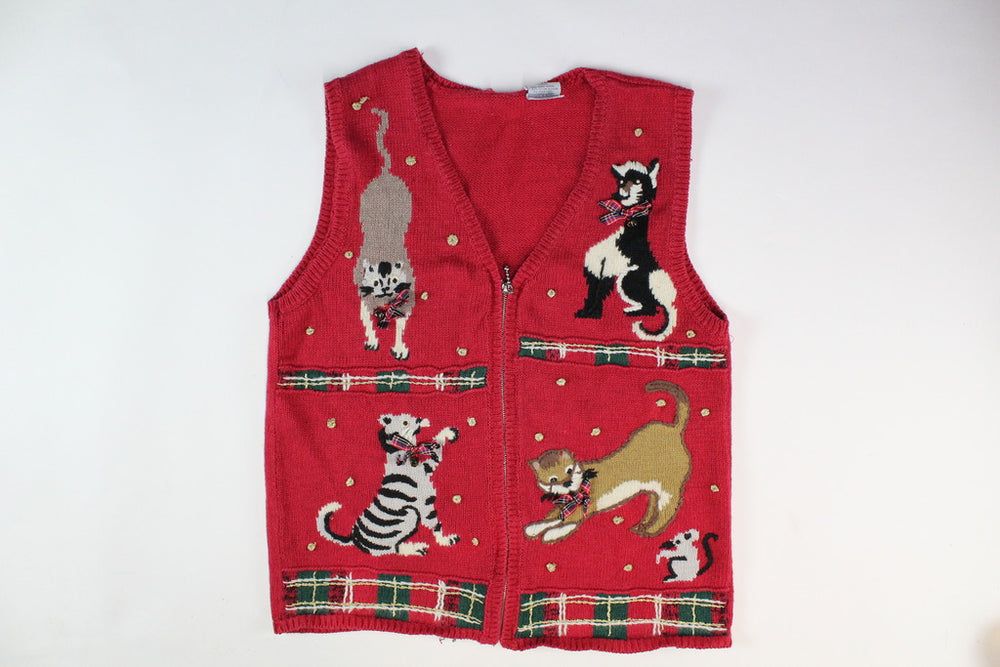 Cute Kittens/cats playing with mouse and yarn, Small, Christmas Sweater