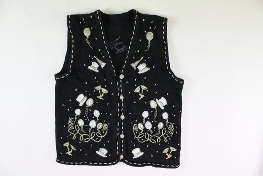 Gold and Silver New Year's theme with Balloons and Party Hats, X Small, New Year's Eve, Christmas sweater ,Vest