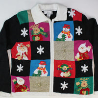 Patchwork design with Santas, reindeer, Large Size. Christmas Sweater
