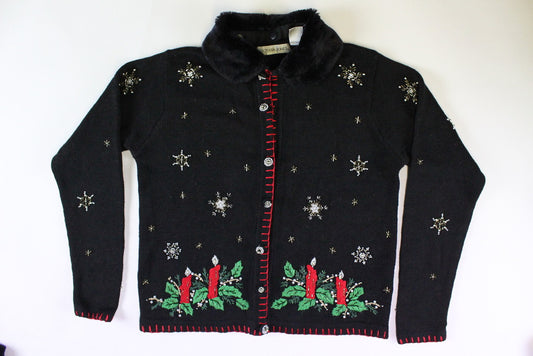 Candles with Holly decorations.  Size Small. Christmas Sweater