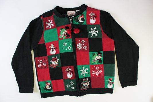 Checkerboard design with all sorts of different snowmen. Size Small. Christmas Sweater