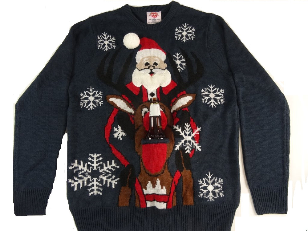 Santa Riding Rudolph Beer Holder Christmas Sweater